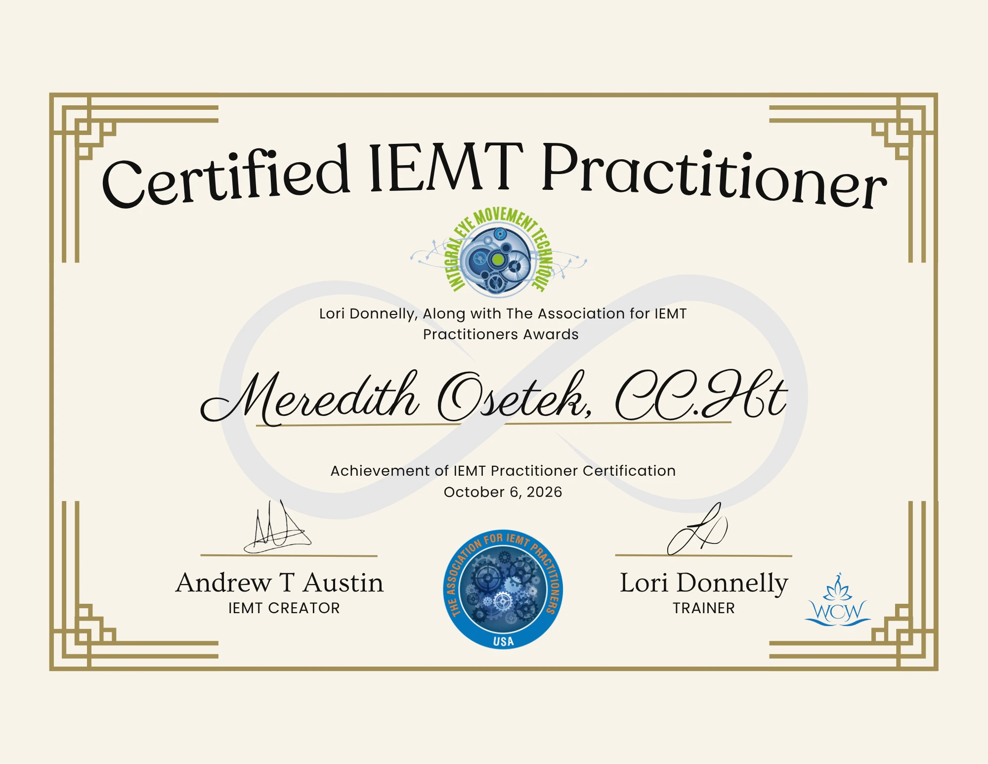 Meredith Osetek Certified IEMT Practitioner certificate from The Association for IEMT Practitioners