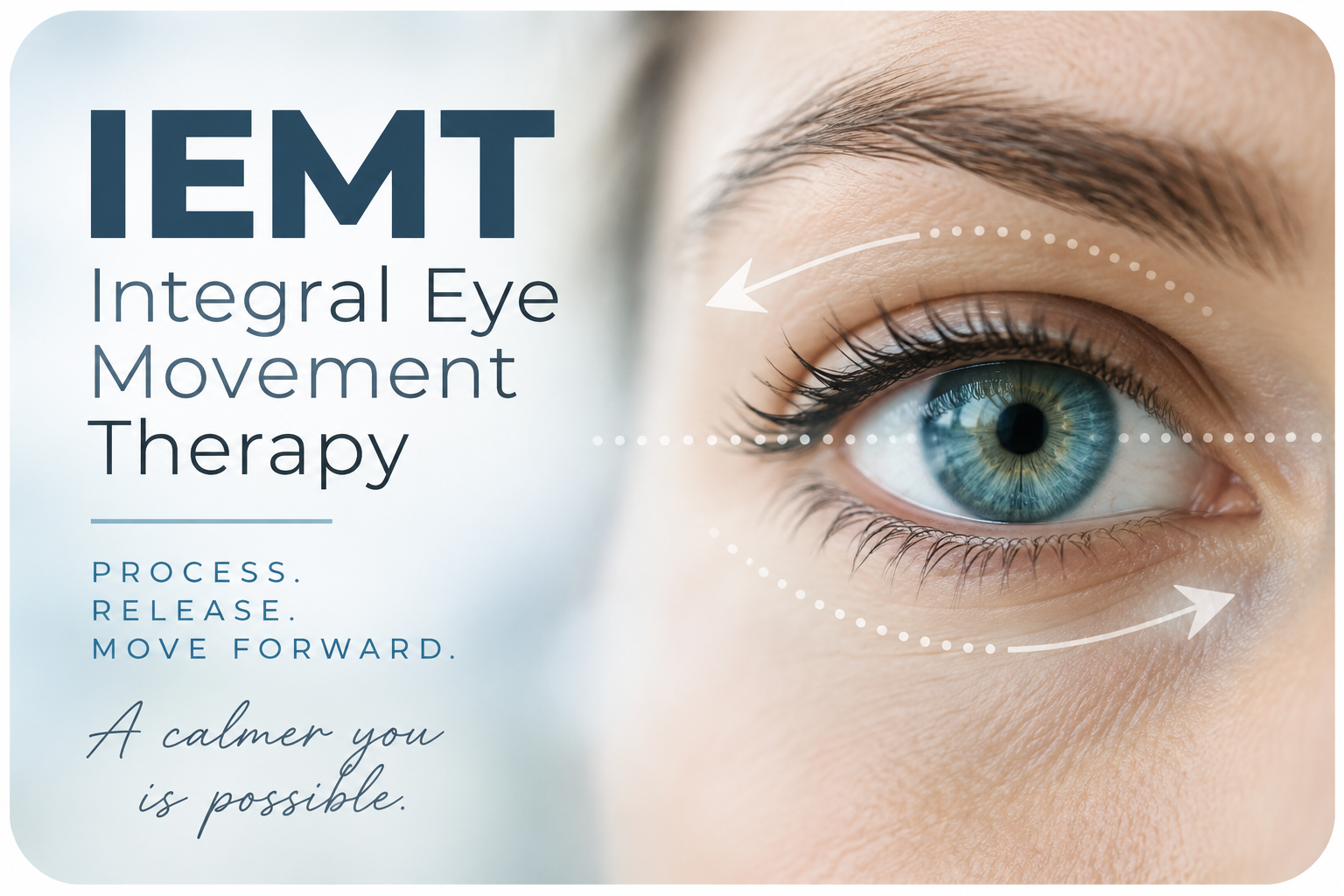 IEMT Integral Eye Movement Therapy graphic with guided eye-movement arrows around an eye