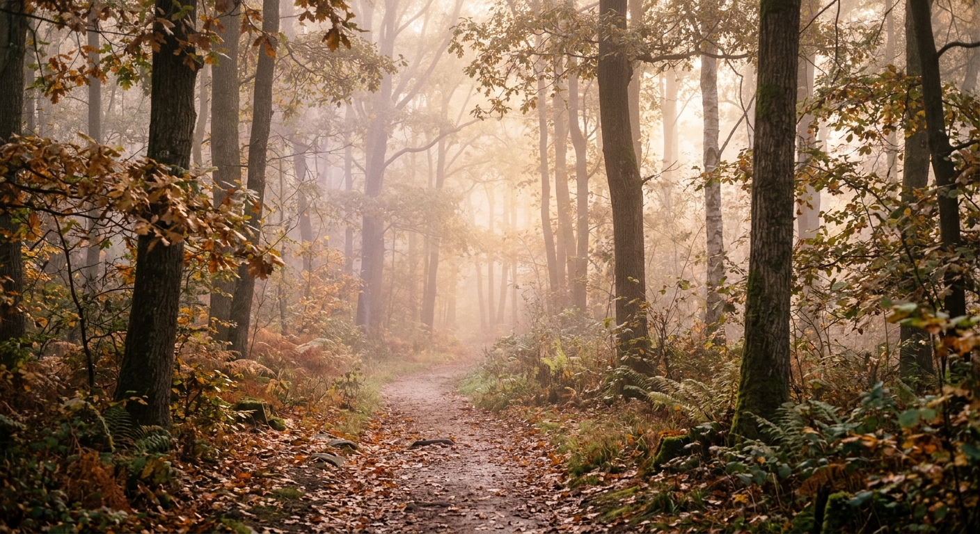A misty forest path opening into the distance, evoking the gentle journey through fear and toward steadiness in hypnotherapy